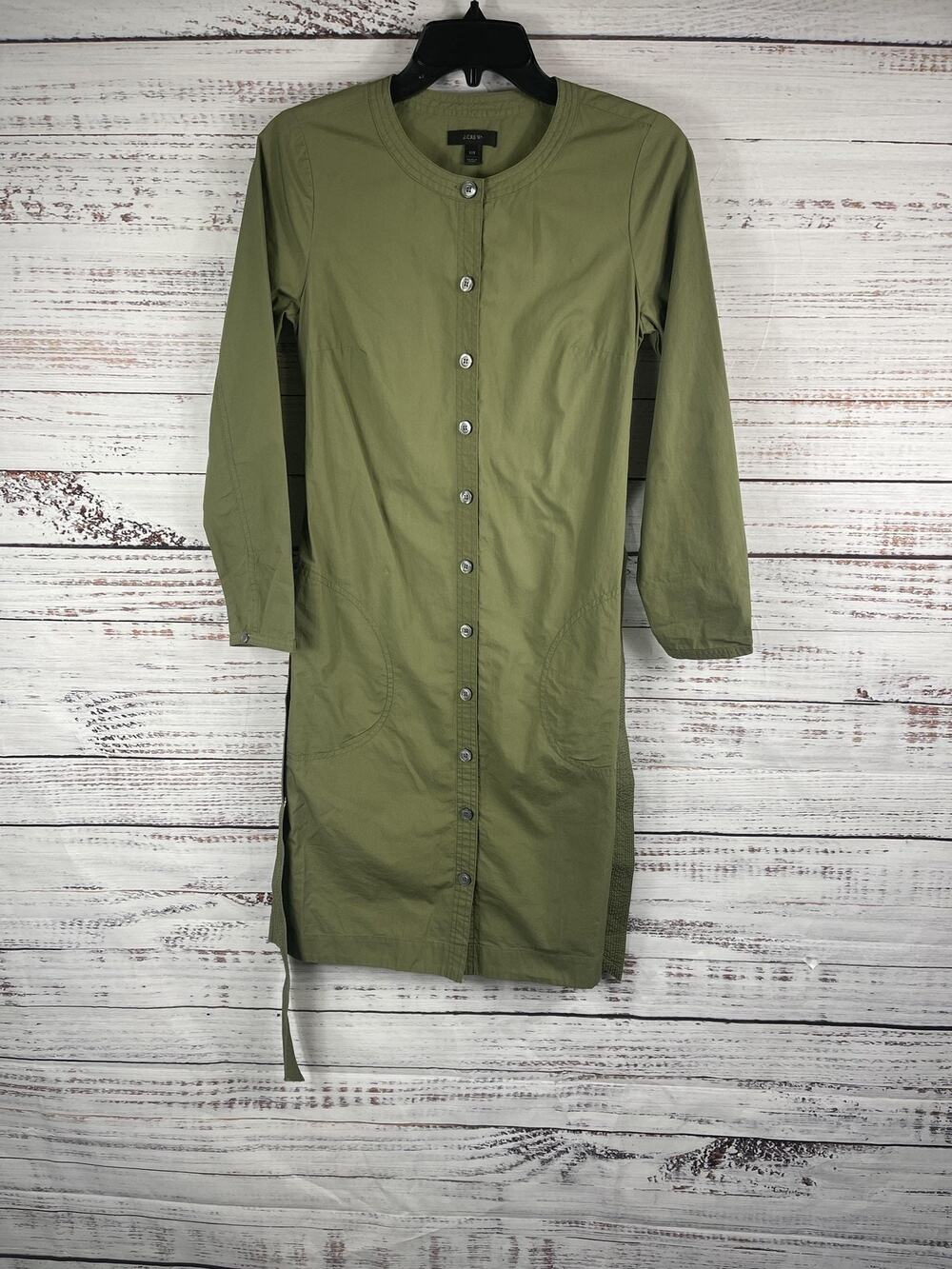 J Crew Dress Women's XS Button Front Belted Utility Pockets Long Sleeve Casual